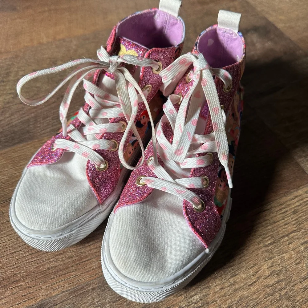 Girls Disney Princess Glitter High Top Sneakers Pink White